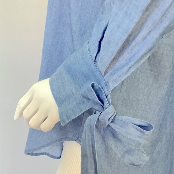 LOFT Blue Chambray Pleated Button Front Henley Popover Tunic Tie Cuffs Sz S - Picture 13 of 15